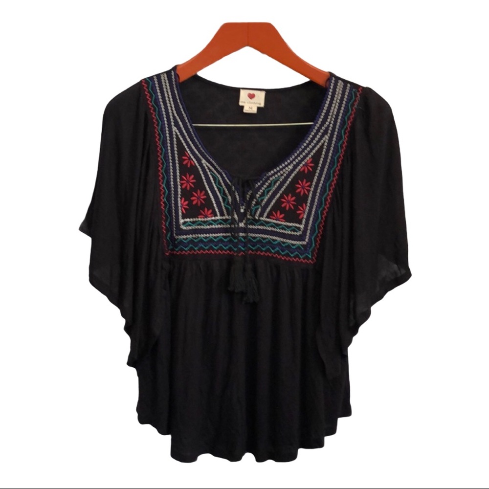 One clothing black embroidered tassel boho hobo top flowy shirt women's size M